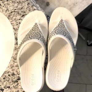 Crocs White embellished flip flops